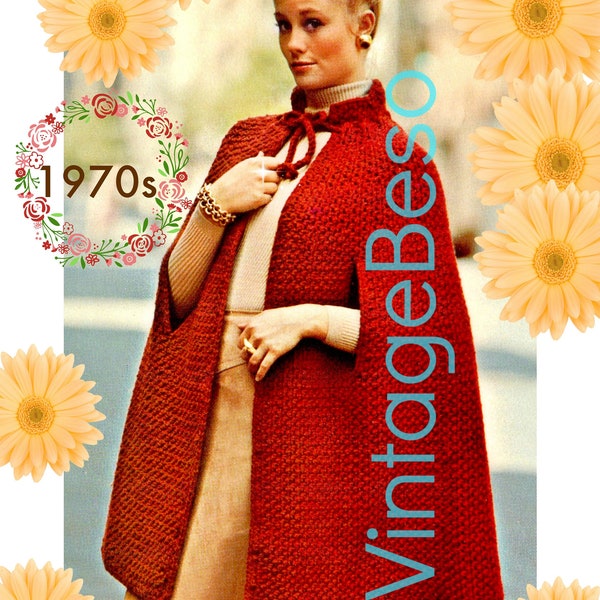 Cape Crochet Pattern • Vintage 1970s CROCHET PATTERN • Retro Feminine Cape • Arm Slits • Tie Neck • Watermarked PDF Only