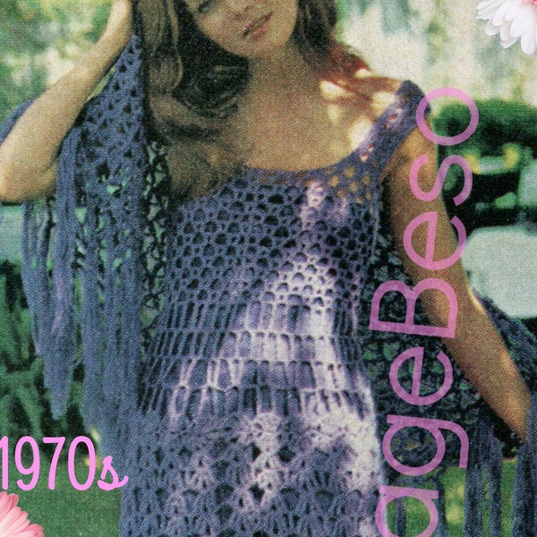 Boho Summer Dress and Shawl • 1970s Vintage Crochet Pattern Bikini Beach Coverup Sexy Vixen BOTH EASY to do • Watermarked PDF Only