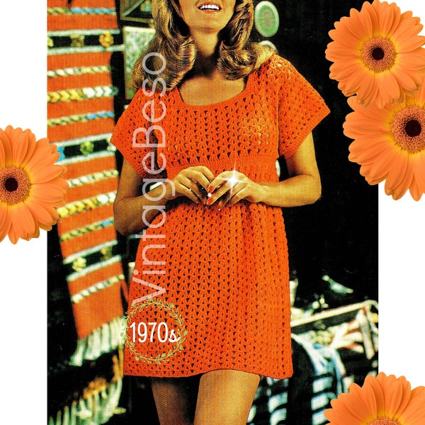 Dress CROCHET Pattern • Vintage 1970s Simple Smock Dress Crochet Pattern • Retro Ladies Summer Dress Pattern • Watermarked PDF Only