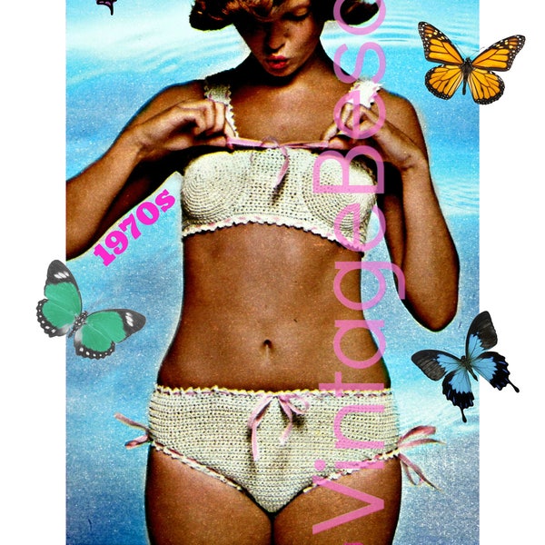 Bikini Crochet Pattern • Designer Betsey Johnson Original 1970s Vintage Charming and Adorable Fun Vintage Beso • Watermarked PDF Only