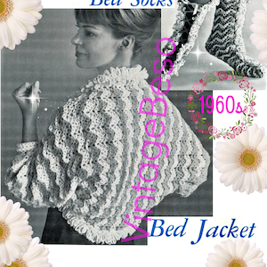 Patrón de crochet para chaqueta de cama + Patrón de crochet para calcetines de cama • Vintage años 60 • Conjunto a juego • Pantuflas y botines • Casa • Solo PDF con marca de agua