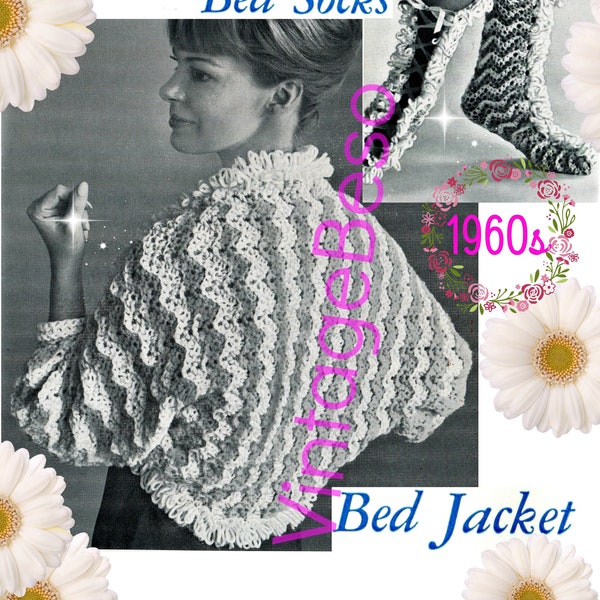 Bed Jacket Crochet Pattern + Bed Socks Crochet Pattern • Vintage 1960s • Matching Set • Slipper Booties • House • Watermarked PDF Only