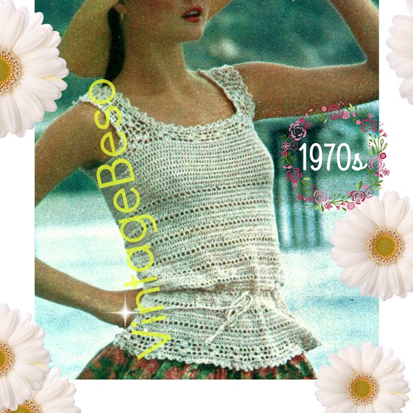 Top Crochet Pattern • Vintage 1970s Camisole Crochet Pattern • True Summer Classic • Drawstring Waist Bohemian Top • Watermarked PDF Only