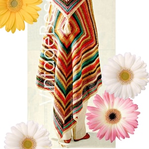 May include: A colorful crocheted shawl with a fringe tassel. The shawl is made with a variety of colors, including red, orange, yellow, green, blue, and purple.