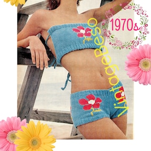 Bikini Knitting Pattern • Vintage Wide Band Flower Bikini • Knitted Swimsuit + Free 60s Classic Afghan Granny Squares • Watermarked PDF Only