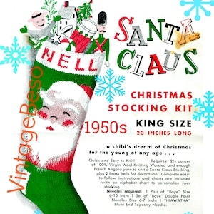 May include: Vintage 1950s Santa Claus Christmas Stocking Kit in King Size, 20 inches long. The kit includes instructions and charts to knit a stocking with a Santa face, green and red stripes, and a white cuff. The kit requires 2 1/2 ounces of 100% Virgin Wool Knitting Worsted and enough French Angora yarn to knit a Santa Claus Stocking, plus 2 brass bells for decoration.