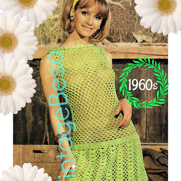 Dress Crochet Pattern • Ladies Green Dress CROCHET • Vintage 1960s • Dress Pattern • Fast Crochet Fishnet • Watermarked PDF Only