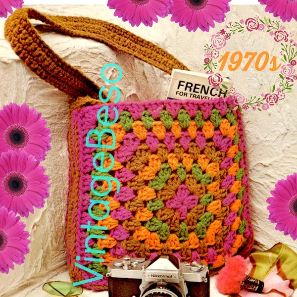 Granny Bag CROCHET Pattern • Vintage 1970s • Boho Granny Square Bag • Hold Everything Bag • Great "Grab and Go" Bag • Watermarked PDF Only