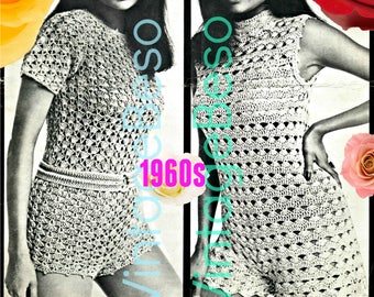 May include: A vintage crochet pattern for a sleeveless dress with a high neckline. The pattern is from the 1960s and features a simple, yet elegant design. The dress is shown on a model with long, dark hair and a neutral expression.