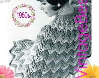 Easy CAPE Crochet Pattern • Ladies Ripple ZigZag Chevron Shoulder Cape • 1960s Vintage Crochet Pattern • Watermarked PDF Only