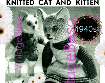 Cat Knitting Pattern • Knitted Cat and Kitten Pattern • Knit Wartime Soft Toy • Vintage 1940s Amigurumi • Kitty Meow • Watermarked PDF Only
