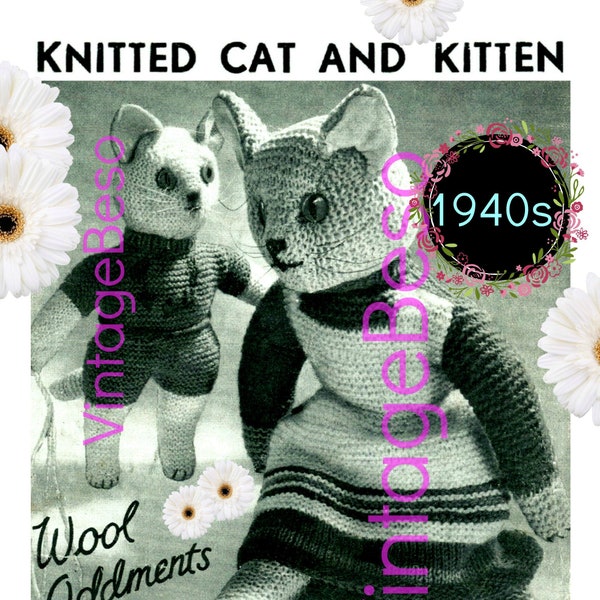 Cat Knitting Pattern • Knitted Cat and Kitten Pattern • Knit Wartime Soft Toy • Vintage 1940s Amigurumi • Kitty Meow • Watermarked PDF Only