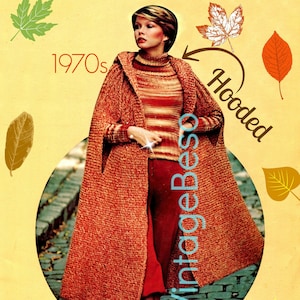 Modelo de tricô para capa com capuz dos anos 70 • Casaco de tweed vintage (modelo em PDF)
