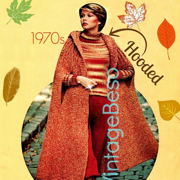 HOODED Cape KNITTING Pattern • Vintage Tweed • 1970s Knitted Coat • Knitted Jacket • Wrap • 1970s Vintage • Watermarked PDF Only