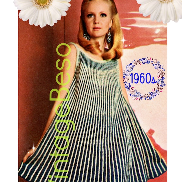 Dress KNITTING Pattern • Vertical Striped Trapeze Dress • Vintage 60s Twirl + Have Fun Sleeveless • Watermarked PDF Only