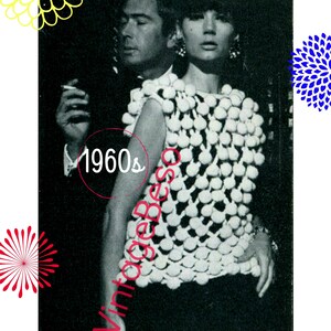 May include: A black and white photo of a couple from the 1960s. The woman is wearing a white crocheted top with pom-poms. The man is wearing a suit and tie.