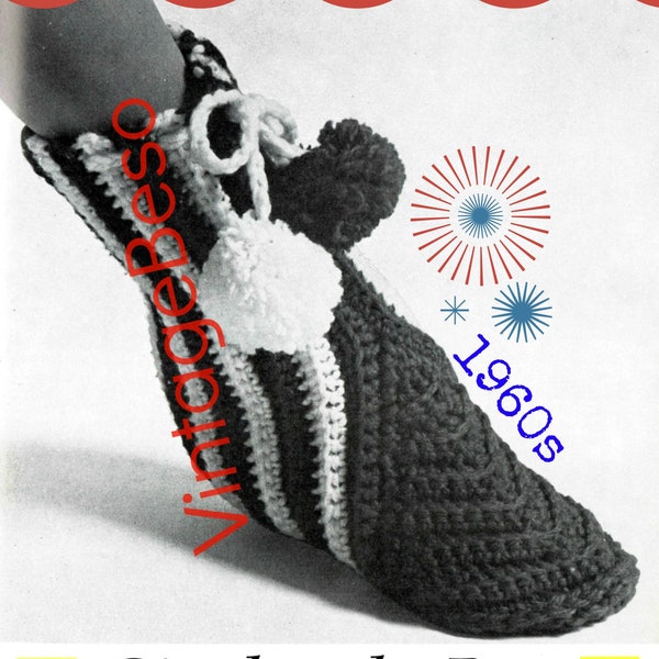 Pantoufles Crochet PATTERN • vintage des années 1960 Donnez-lui la botte • Pompons • Au-dessus de la cheville • Gardez les orteils bien au chaud les nuits froides • PDF en filigrane uniquement