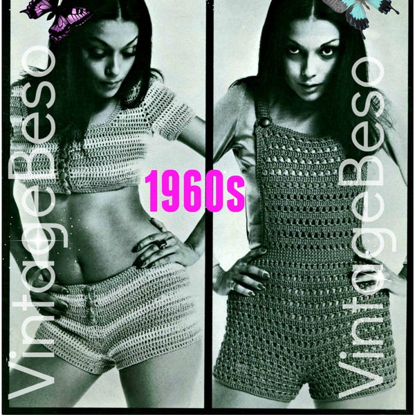 Sexy 1960s Hot Pants Vintage Crochet PATTERN • Sassy Romper Crochet Pattern Crop Top Short Pants Shorts Trousers • Watermarked PDF Only