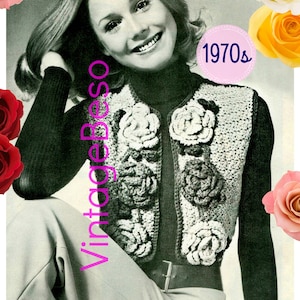Roses Bolero Crochet Pattern • Vintage 70s Vest Crochet Pattern • Flower Edged Crocheted Bolero • Small Medium Large • Watermarked PDF Only