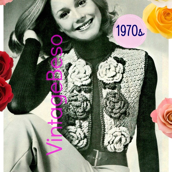 Roses Bolero Crochet Pattern • Vintage 70s Vest Crochet Pattern • Flower Edged Crocheted Bolero • Small Medium Large • Watermarked PDF Only