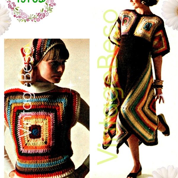 3 Boho Crochet Patterns • Rétro années 1970 • Chic Grandma Square Dress Crochet Pattern • Foulard Top Headscarf • Filigrane PDF uniquement