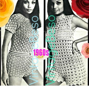 May include: A vintage crochet pattern for a sleeveless dress with a high neckline. The pattern is from the 1960s and features a simple, yet elegant design. The dress is shown on a model with long, dark hair and a neutral expression.