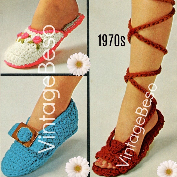 3 vintage Crochet Pattern 1970s Rosebud Scuffs Buckle Pilgrim Slipper Ancient Greek Sandals House Thong Sandals • Filigrane PDF uniquement