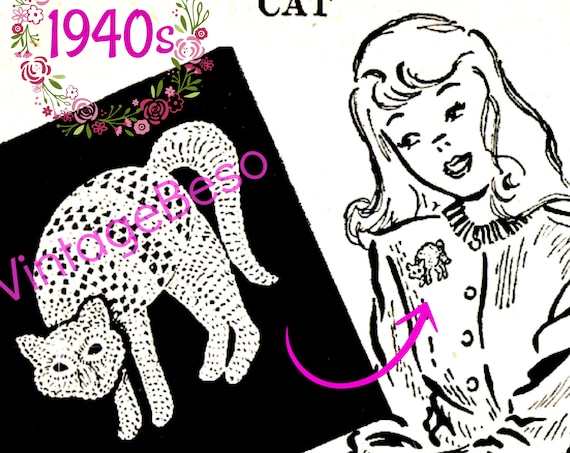 Cat Crochet Pattern • 1940s Vintage Applique Crochet Fun Trim Clothing Applique Quick Jiffy Crafts Halloween Costume • Watermarked PDF Only