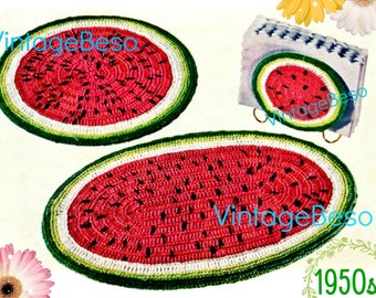 Place Mats Napkin Holder Vintage 1950s • Watermelon Set CROCHET Pattern • Hot Plate Kitchen Gift for New Home Apt • Watermarked PDF Only