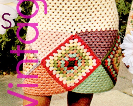 Dress CROCHET Pattern • 1970s Granny Square Dress • Vintage Crochet Pattern • Retro Ladies Dress Pattern • Watermarked PDF Only