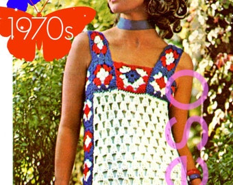 EASY Dress Crochet PATTERN • Boho Summer • Patriotic • Vintage 1970s Granny Square Gown Ladies Patio Wear Maxi Dress • Watermarked PDF Only