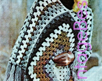 EASY Poncho Crochet Pattern • Vintage 1970s Easy Granny Square Poncho • Retro Poncho with Fringe • Vintage Beso • Watermarked PDF Only