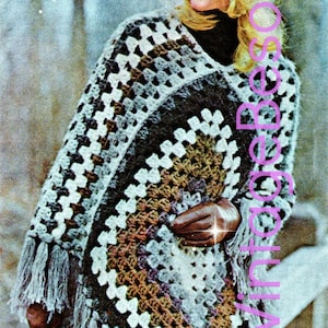 EASY Poncho Crochet Pattern • Vintage 1970s Easy Granny Square Poncho • Retro Poncho with Fringe • Vintage Beso • Watermarked PDF Only