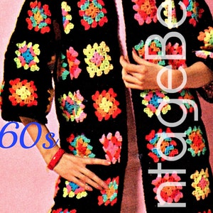 Mod Crochet Pattern • Sweater Coat • Vintage 1960s Ladies Edge to Edge Granny Square Jacket or Cardigan Sizes 10 - 20 • Watermarked PDF Only