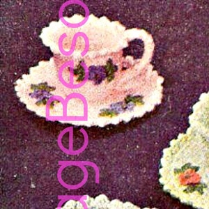 Tea Cup Crochet Pattern + Saucer Crochet Pattern • Vintage 1950s Flower Crochet Pattern + Leaf Crochet Pattern • Watermarked PDF Only
