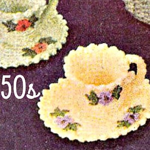 Tea Cup Crochet Pattern + Saucer Crochet Pattern • Vintage 1950s Flower Crochet Pattern + Leaf Crochet Pattern • Watermarked PDF Only