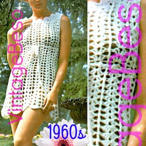 May include: A vintage crochet dress pattern from the 1960s. The pattern features a white crochet dress with a scalloped hem and a tie at the waist. The dress is shown on a model in a garden setting.