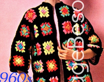 Easy Crochet Pattern Vintage 1960s The Boho Granny Square Coat Festival Coat Hippie Sweater Jacket Clothing • Watermarked PDF Only