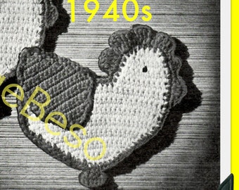 POTHOLDER CHICKEN Crochet Pattern • Retro Wartime 1940s Pattern Fun Country Home Decor Free Pattern Gift 1950s • Watermarked PDF Only