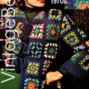 Haakpatroon jas • Jaren '70 motiefstijl grootmoedervierkant • Klassieke out of the Blue jas • Retro • Vintage haakwerk • Alleen pdf met watermerk