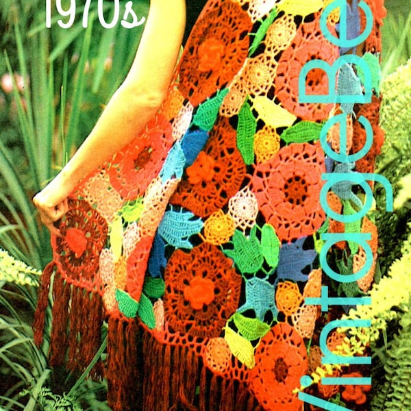 Shawl CROCHET Pattern • Retro 1970s Floral • Gorgeous Unique Feminine • Flowers:  Rose Poppy Bluebell Zinnia Leaves • Watermarked PDF Only