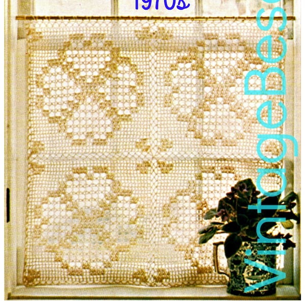 Vintage Curtain Crochet Pattern • 1970s FILET CAFE Bedroom Kitchen Bathroom Privacy Curtain and Free Bird Pattern • Watermarked PDF Only