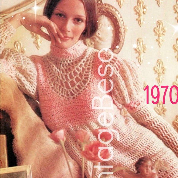 Romantic Juliet Gown Dress Crochet PATTERN 1970s Empire Puff Sleeve Dress Caftan Tunic Bohemian • Watermarked PDF Only