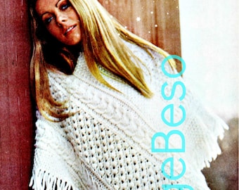 Aran Poncho Knitting Pattern • Vintage 1970s Irish Aran Knit V neck PONCHO Boho Cowgirl Hippie Country Chic • Watermarked PDF Only