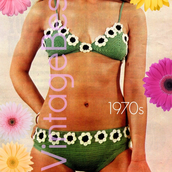 Flower Bikini Crochet Pattern Vintage 1970s • Daisy Bikini Crochet Pattern • Summer Daisy Crochet Pattern • Watermarked PDF Pattern