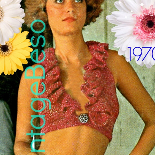 Top Crochet Pattern • Retro 1970s Halter Crochet Pattern • Big Ruffle • Deep Neck • Crop Top • Sexy • Backless • Watermarked PDF Only