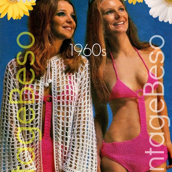 Bikini CROCHET Pattern • 1960s Cover Up Crochet Pattern Monokini Pattern Swimwear Beach Jacket Cover Up • Watermarked PDF Only