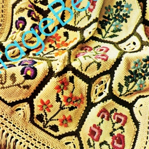 Afghan Crochet Pattern • Vintage 1970s Country Garden Afghan • Simple Afghan Stitch • Embroidery Flowers Crewel • Watermarked PDF Only