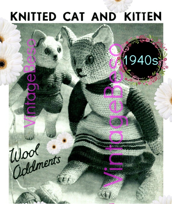 Cat Knitting Pattern • Knitted Cat and Kitten Pattern • Knit Wartime Soft Toy • Vintage 1940s Amigurumi • Kitty Meow • Watermarked PDF Only