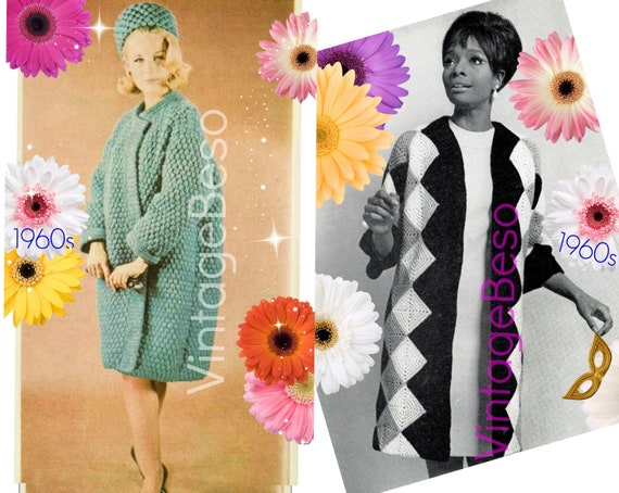 3 Patterns • 2 Coat Crochet Pattern + Pillbox Hat Crochet Pattern • Vintage 1960s Diamond Coat Topcoat and Hat • Watermarked PDF Only